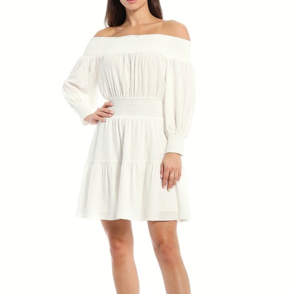 Gianni Bini Ella Long Blouson Sleeve Off-the-Shoulder Tiered Hem A-Line Dress. - Picture 1 of 12